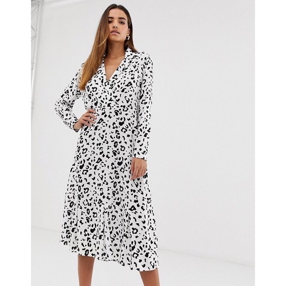 asos collar detail midi dress in mono leopard prin